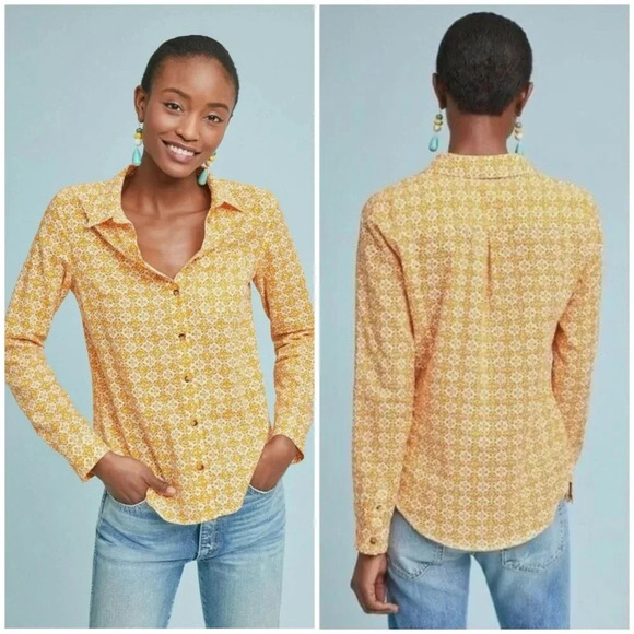 Anthropologie Maeve Petrin‎ Orange White Floral Print Button-down Shirt Size 4 - Picture 1 of 9